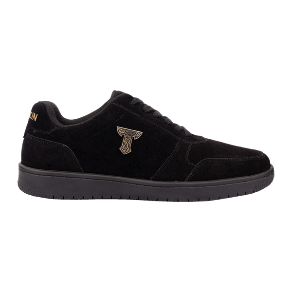 Thylacin Midnight Panther low-top sneaker in all-black suede, side profile