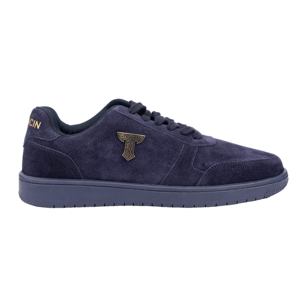 Thylacin Navy Royal low-top sneaker in all-navy suede, side profile
