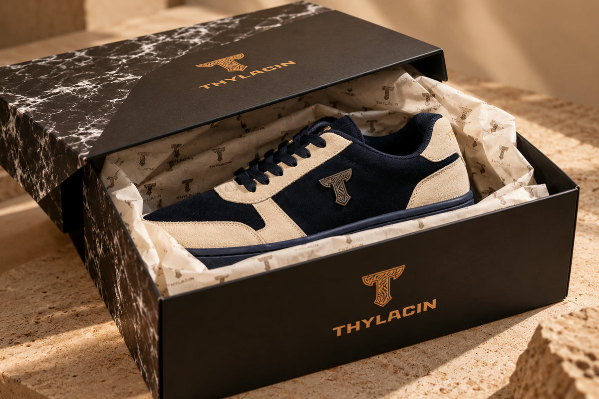 The THYLACIN box, lid open, a pair wrapped in cotton inside