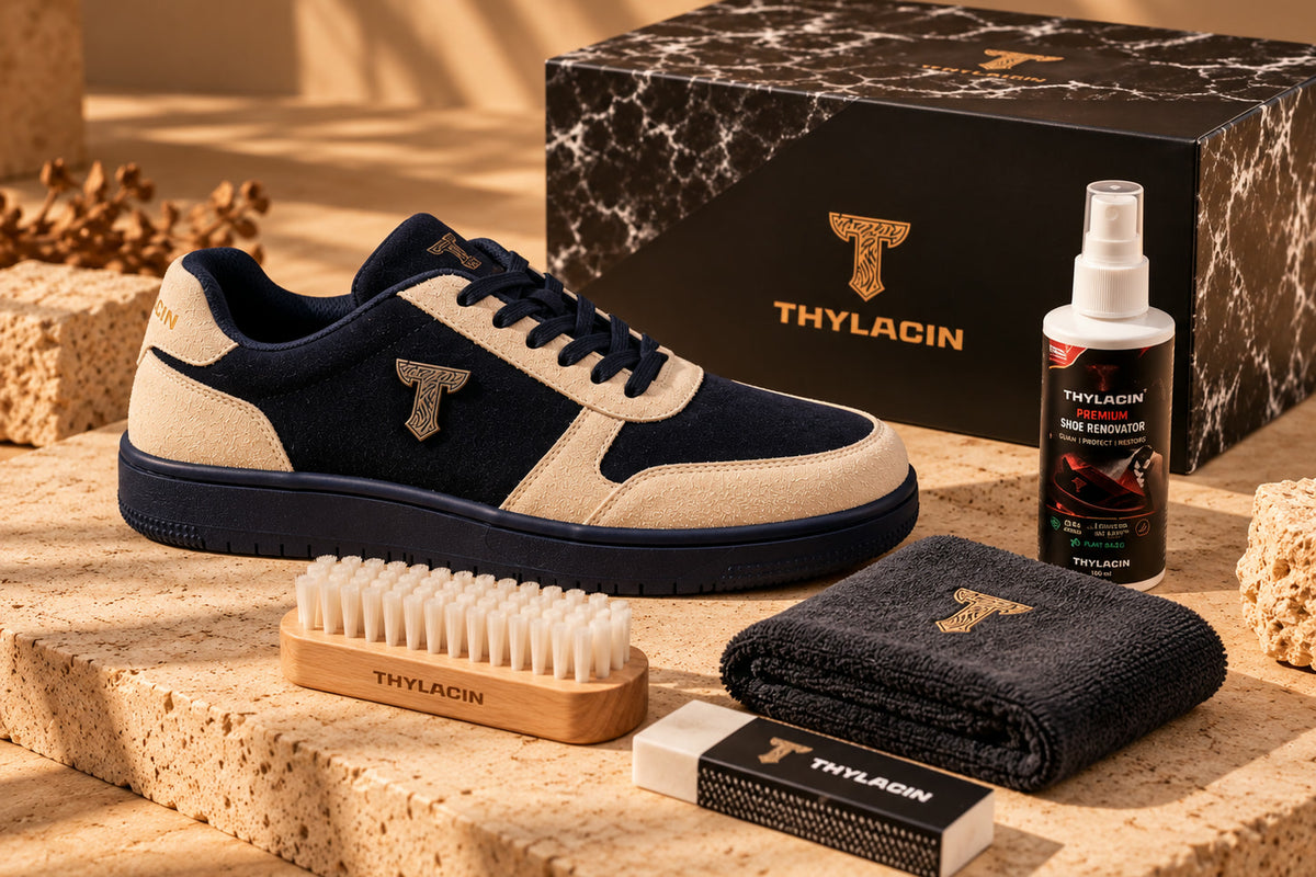 The care kit: brush, cloth and conditioner beside a black THYLACIN sneaker