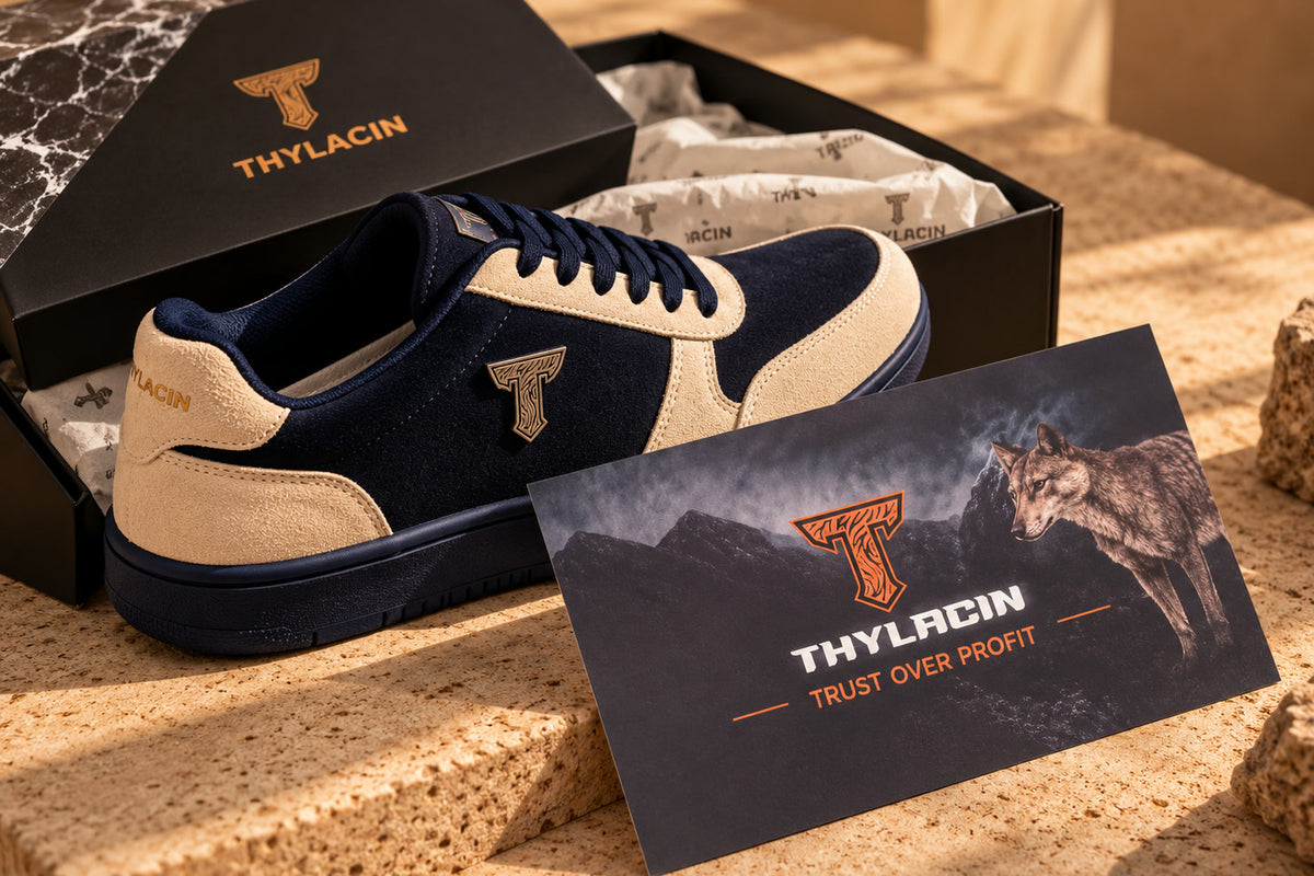 A THYLACIN sneaker beside the embossed story card