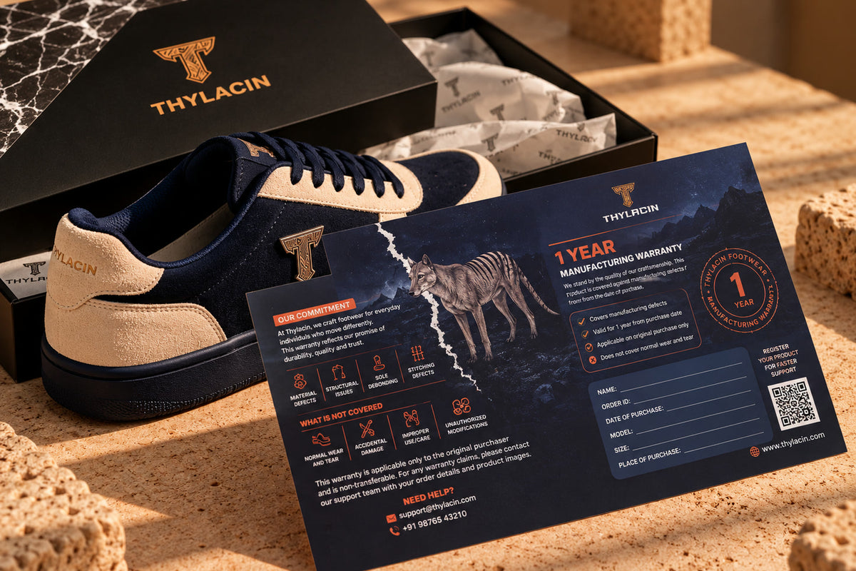 The embossed warranty card resting against a navy THYLACIN sneaker