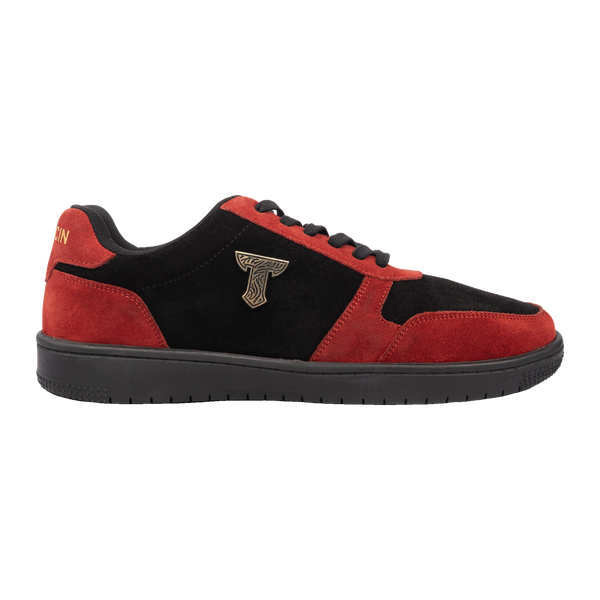 Thylacin Ember Wolf low-top sneaker in crimson red and black suede, side profile