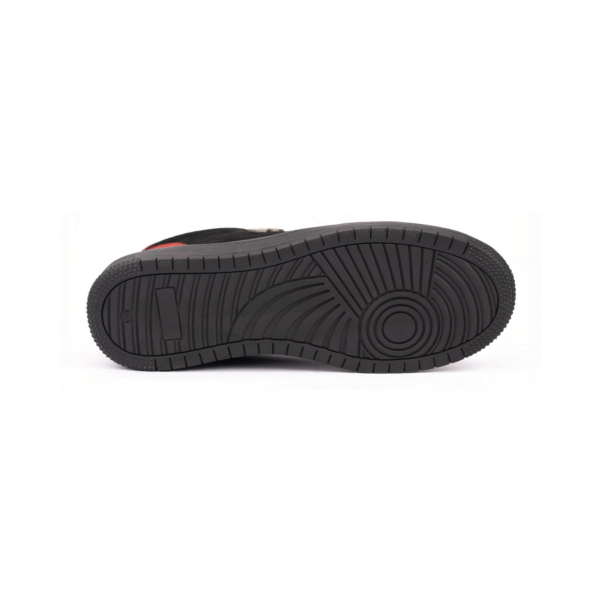 Thylacin Ember Wolf low-top sneaker in crimson red and black suede — rubber outsole of the shoe