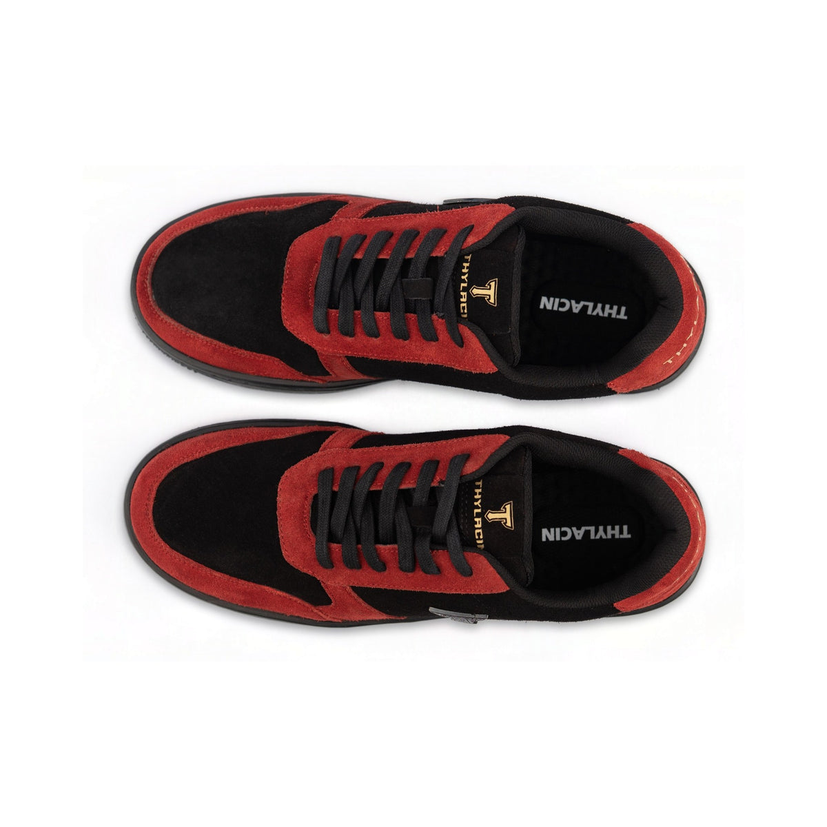 Thylacin Ember Wolf low-top sneakers in crimson red and black suede — top-down view of a pair
