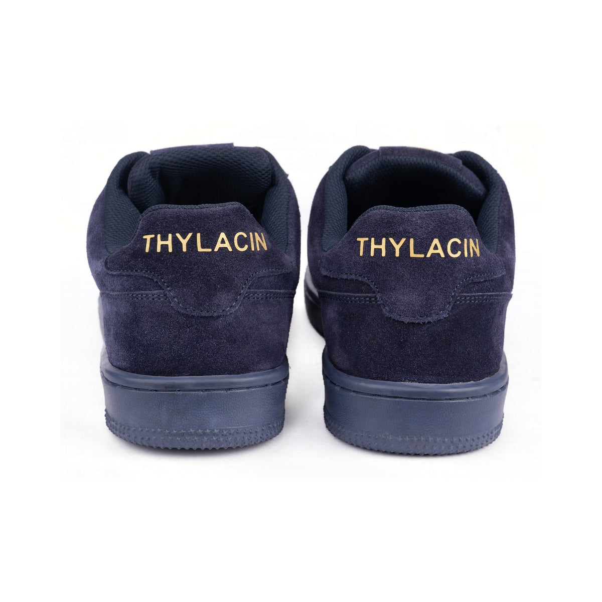 Thylacin Navy Royal low-top sneakers in all-navy suede — heel view of a pair