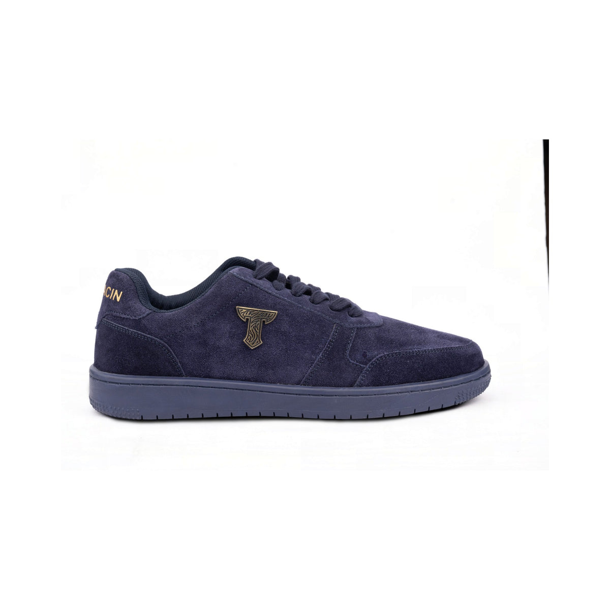 Thylacin Navy Royal low-top sneaker in all-navy suede — side profile of the shoe