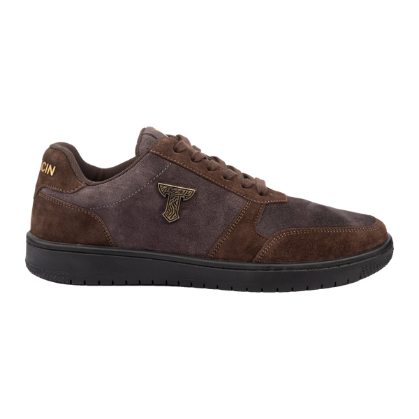 Thylacin Shadow Lynx low-top sneaker in brown and slate suede, side profile