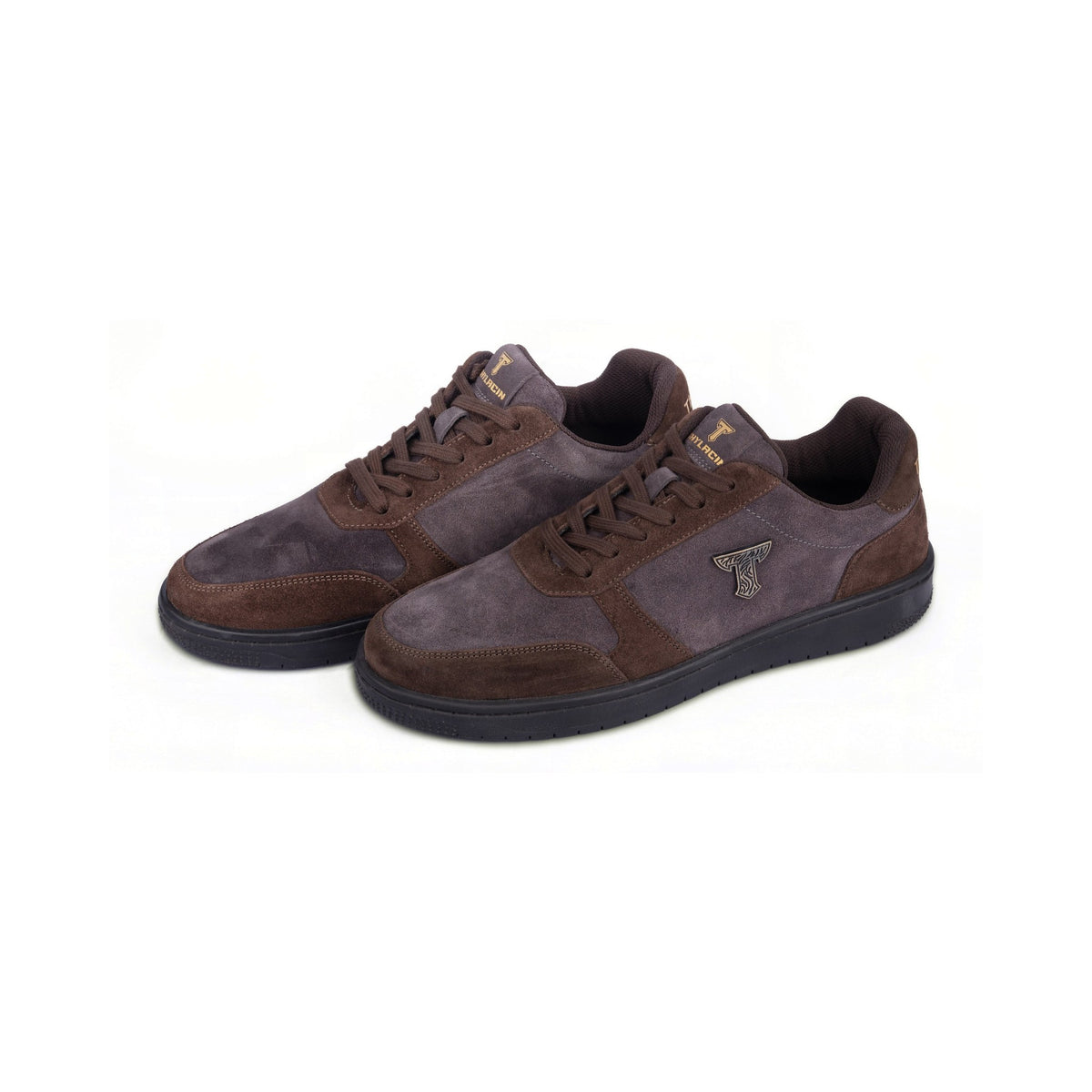 Thylacin Shadow Lynx low-top sneakers in brown and slate suede — a pair