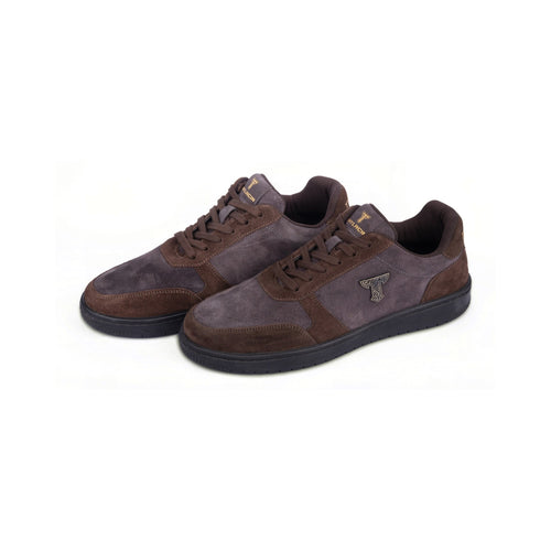 Thylacin Shadow Lynx low-top sneakers in brown and slate suede — a pair