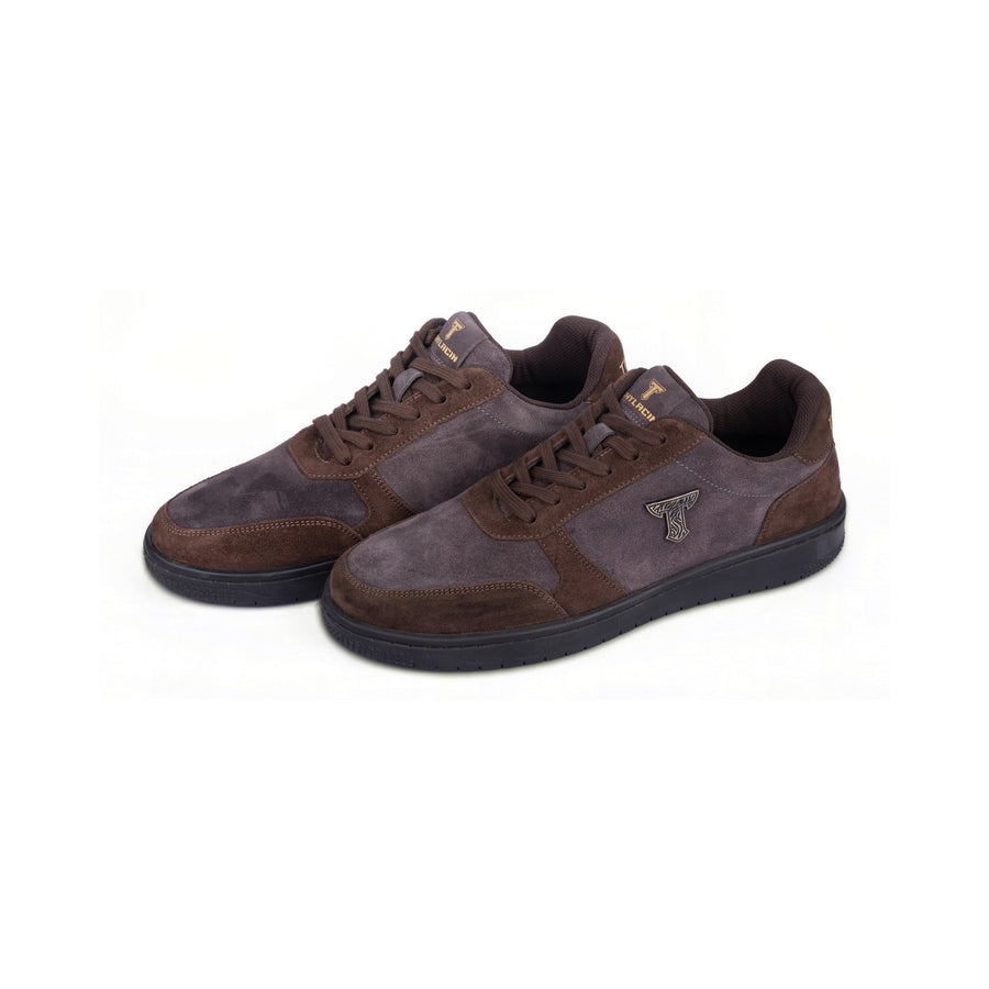 Thylacin Shadow Lynx low-top sneakers in brown and slate suede — a pair