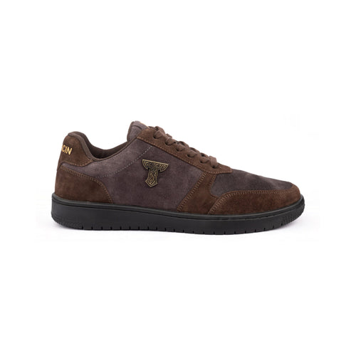 Thylacin Shadow Lynx low-top sneaker in brown and slate suede — side profile of the shoe