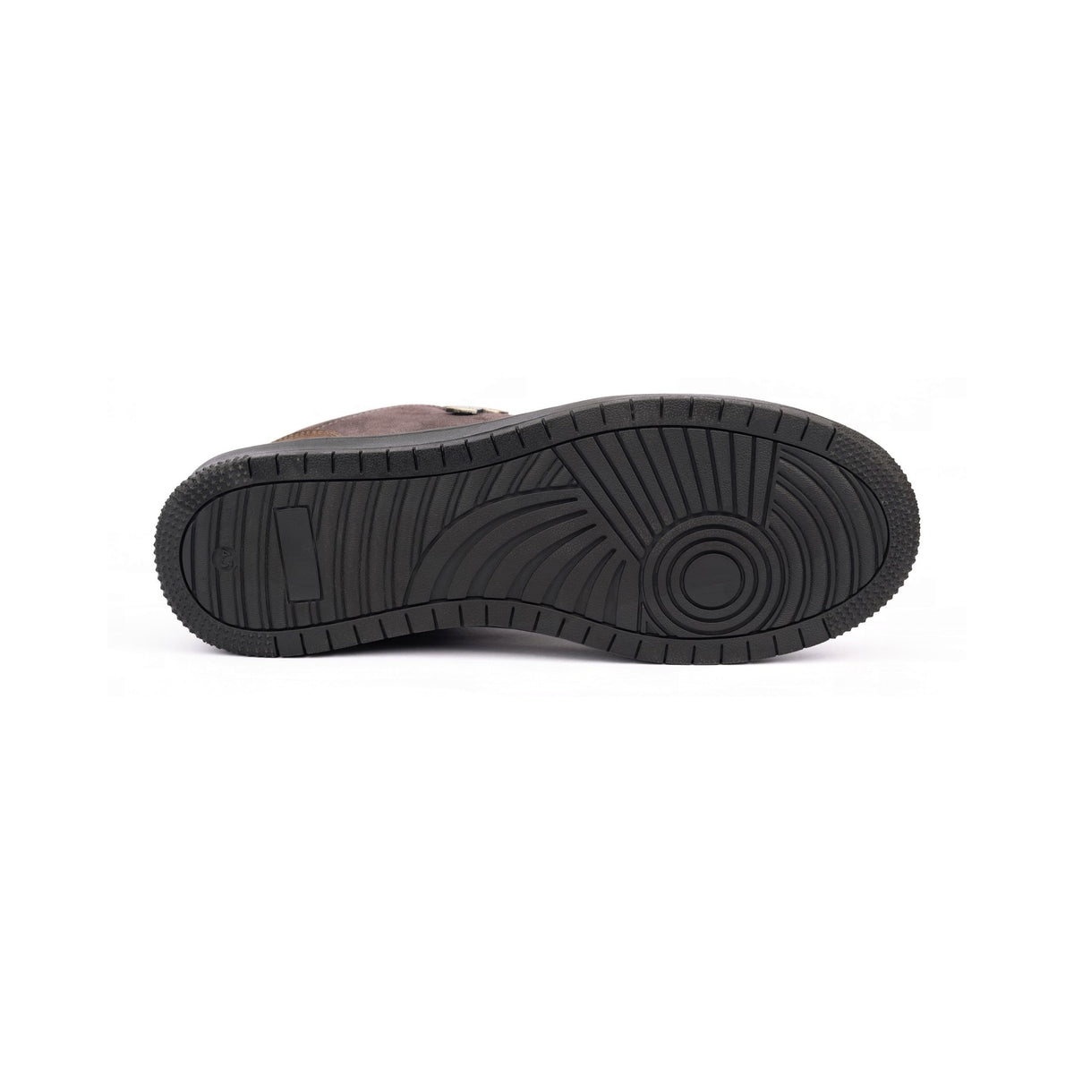 Thylacin Shadow Lynx low-top sneaker in brown and slate suede — rubber outsole of the shoe