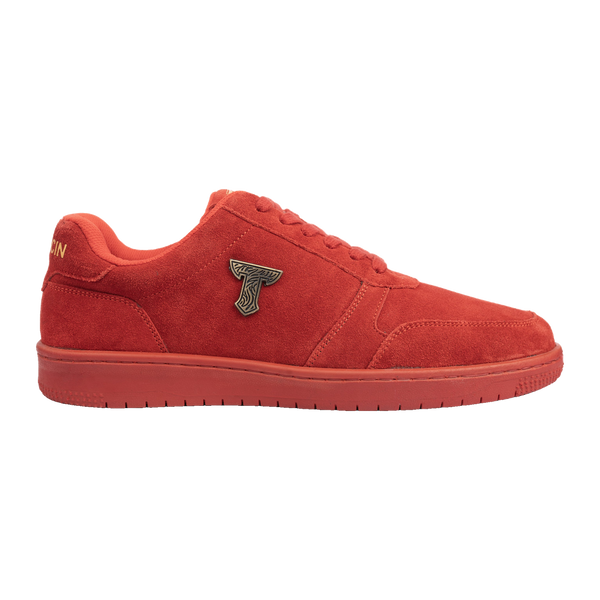 Thylacin Wild Wood Bear low-top sneaker in all-red suede, side profile