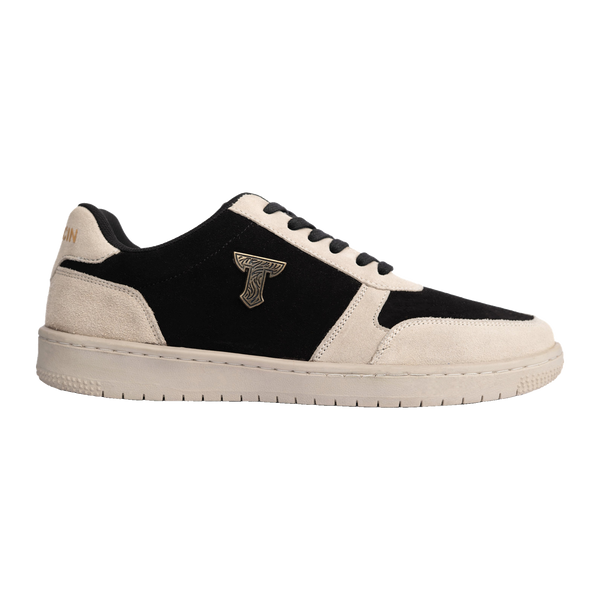 Thylacin Woodland Fox low-top sneaker in black and cream suede, side profile