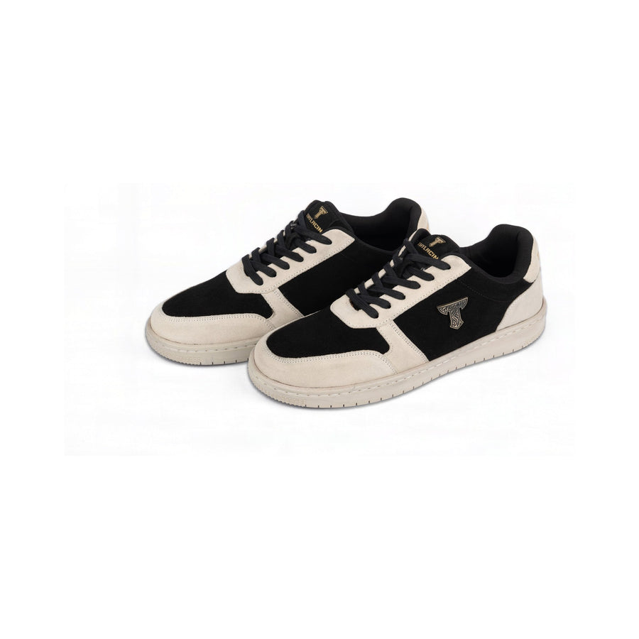 Thylacin Woodland Fox low-top sneakers in black and cream suede — a pair